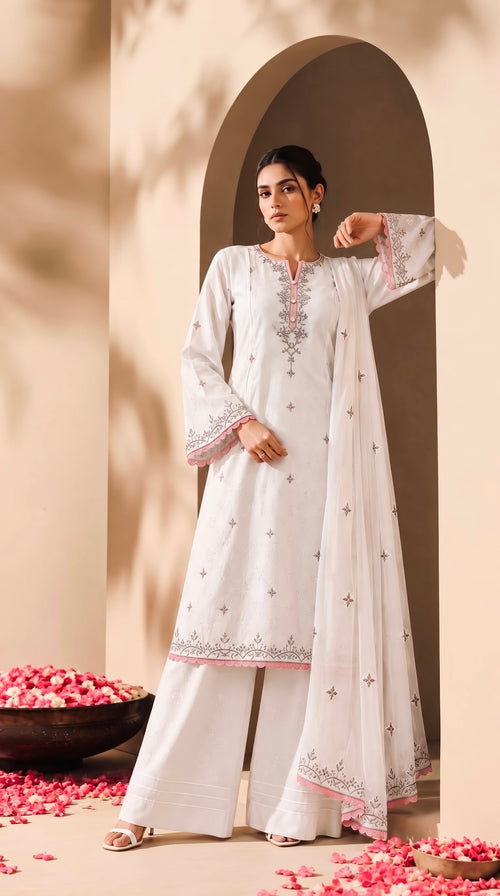 Élan Classic White embroidered 3-piece viscose jacquard suit by Moosani Studio