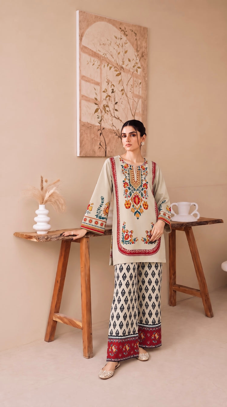 Swiss Lawn 2-Piece-Co-Ord Set | Beige Motif
