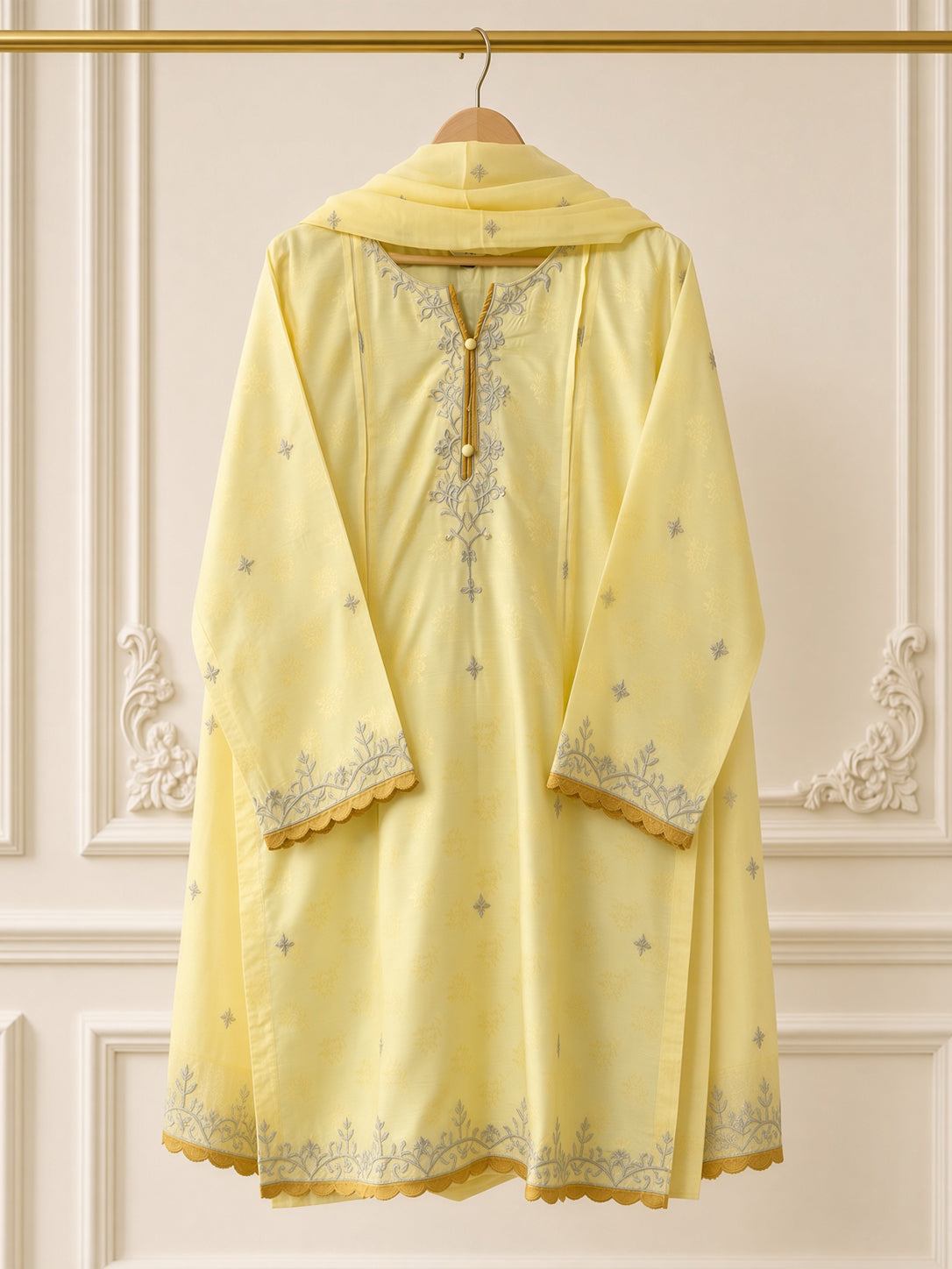 Élan Soft Lemon embroidered 3-piece viscose jacquard suit by Moosani Studio