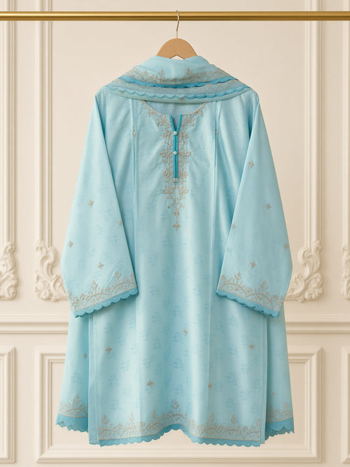 Élan Sky Blue embroidered 3-piece viscose jacquard suit by Moosani Studio