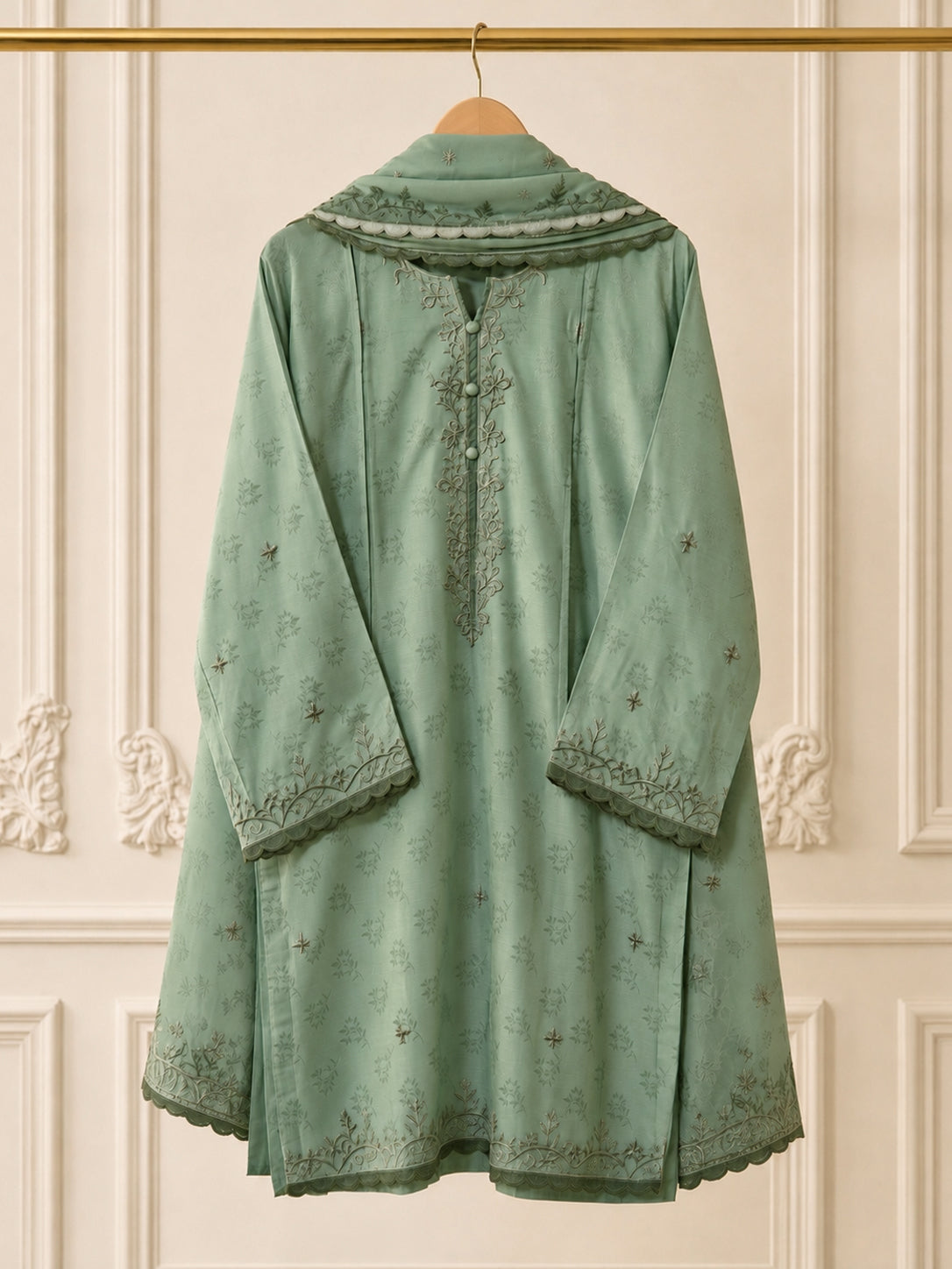Élan Soft Sage Green embroidered 3-piece viscose jacquard suit by Moosani Studio