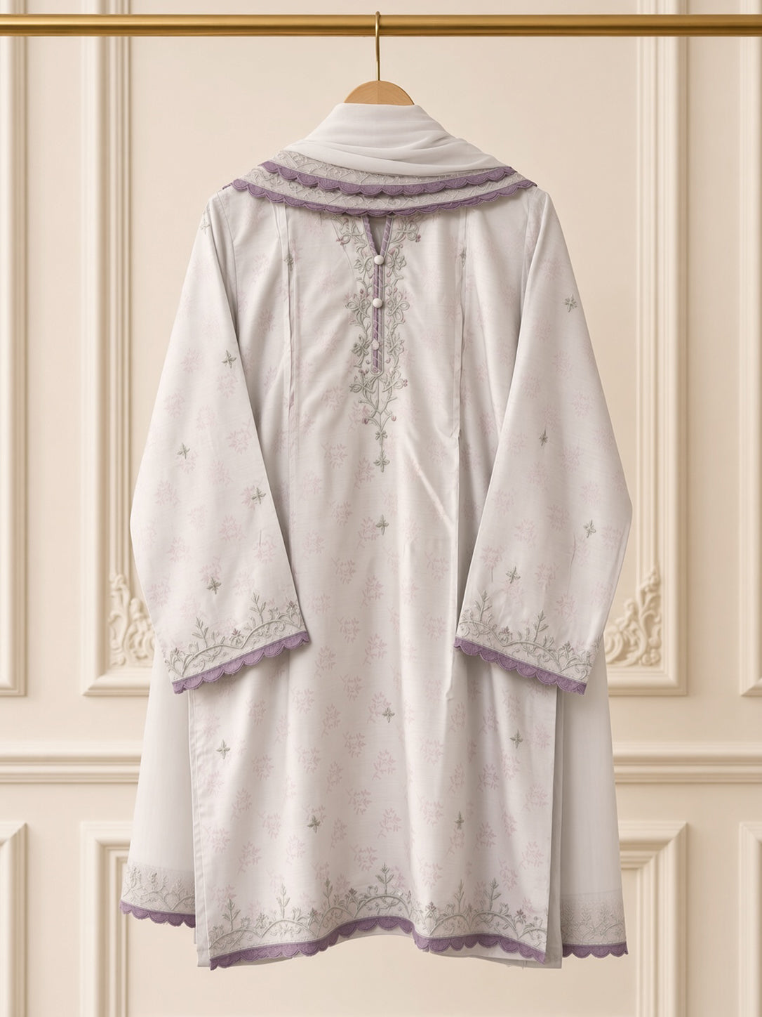 Élan Dusty Lilac embroidered 3-piece viscose jacquard suit by Moosani Studio