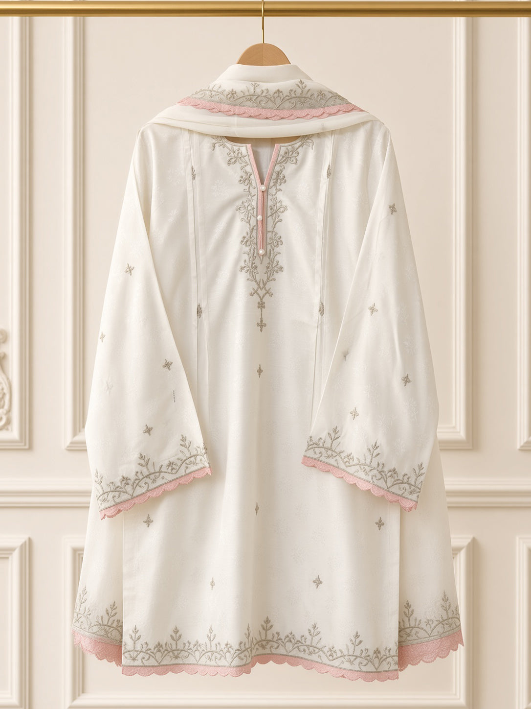Élan Classic White embroidered 3-piece viscose jacquard suit by Moosani Studio