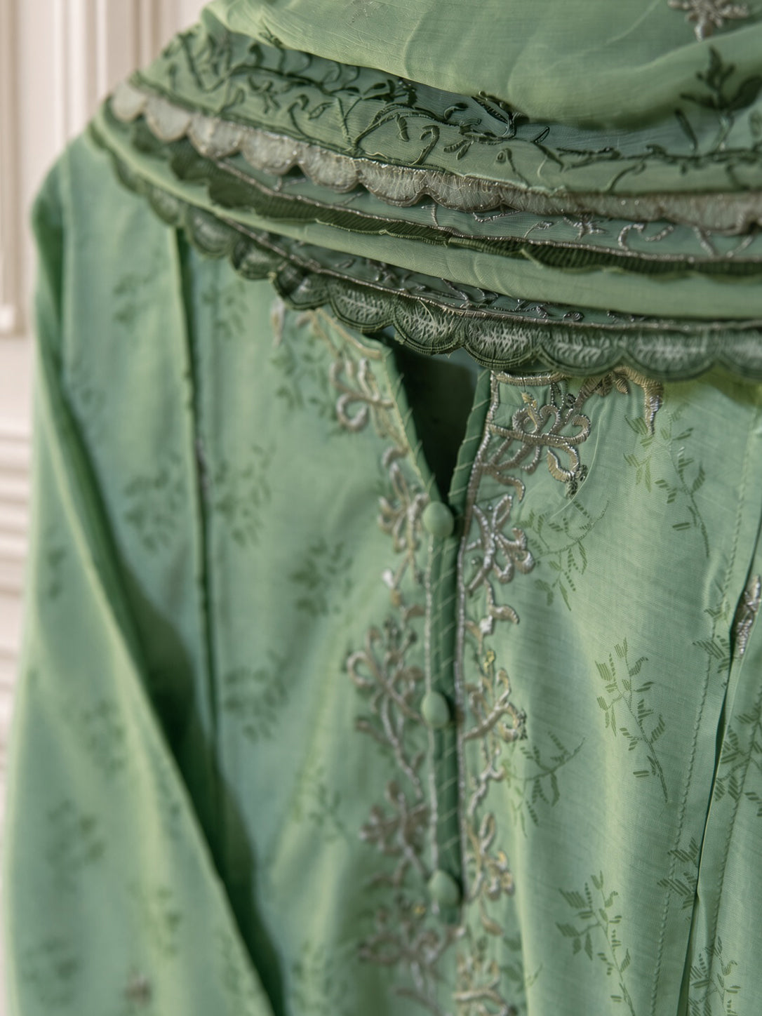 Élan Soft Sage Green embroidered 3-piece viscose jacquard suit by Moosani Studio