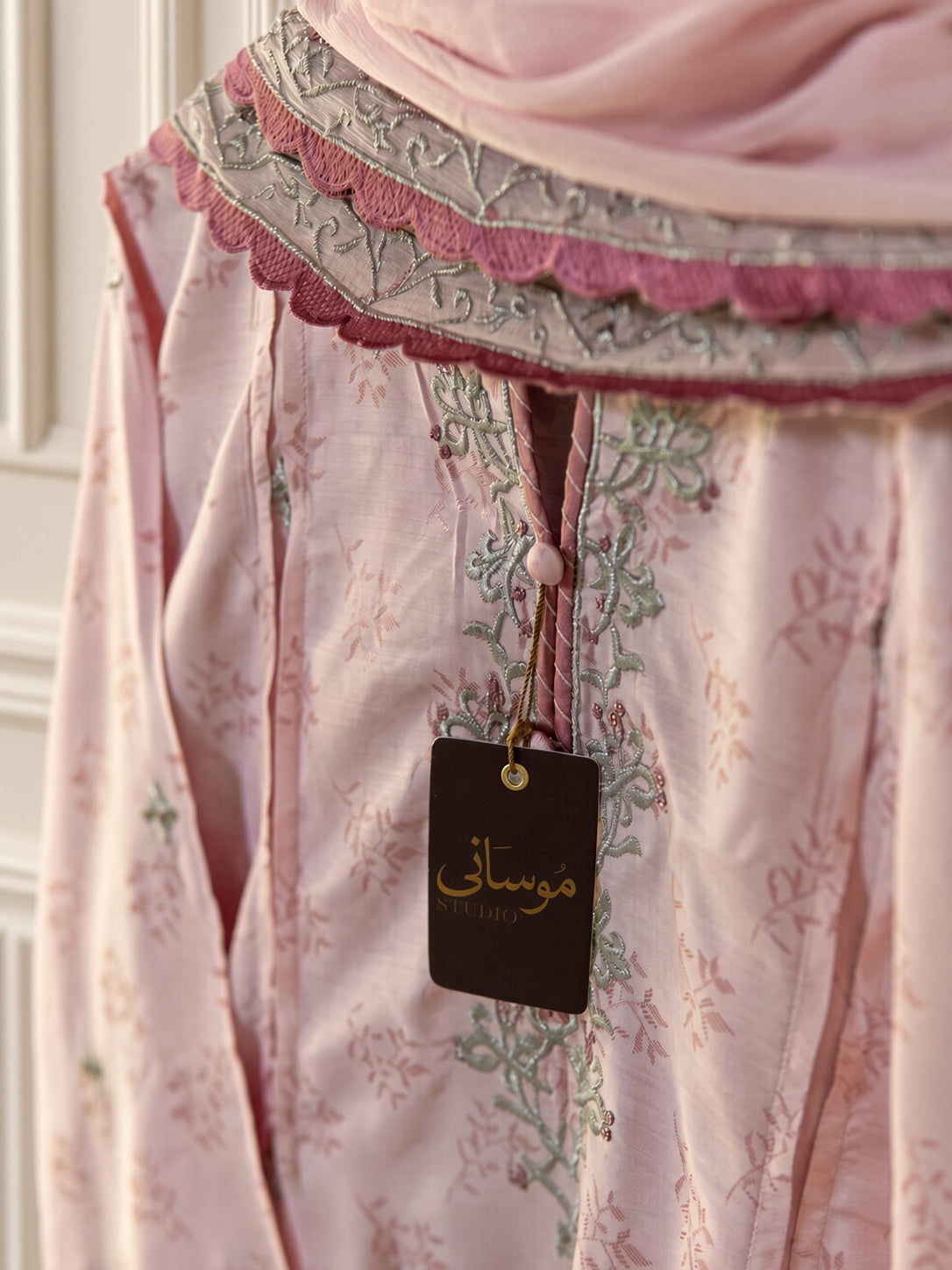 Élan Blush Pink embroidered 3-piece viscose jacquard suit by Moosani Studio