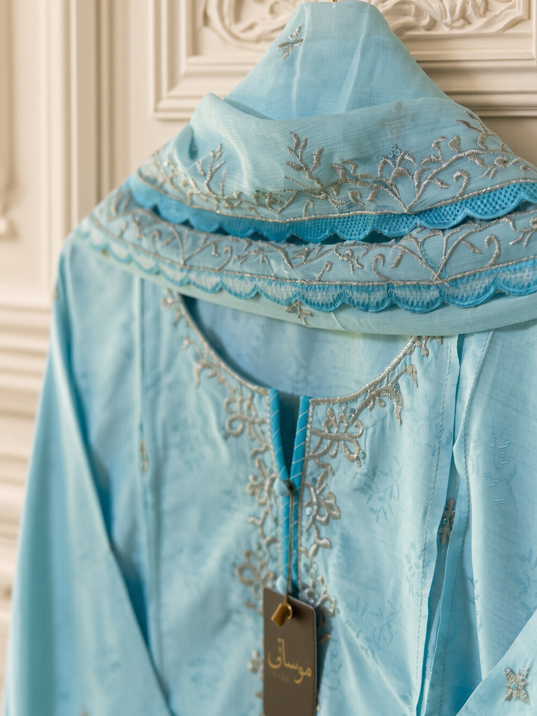 Élan Sky Blue embroidered 3-piece viscose jacquard suit by Moosani Studio