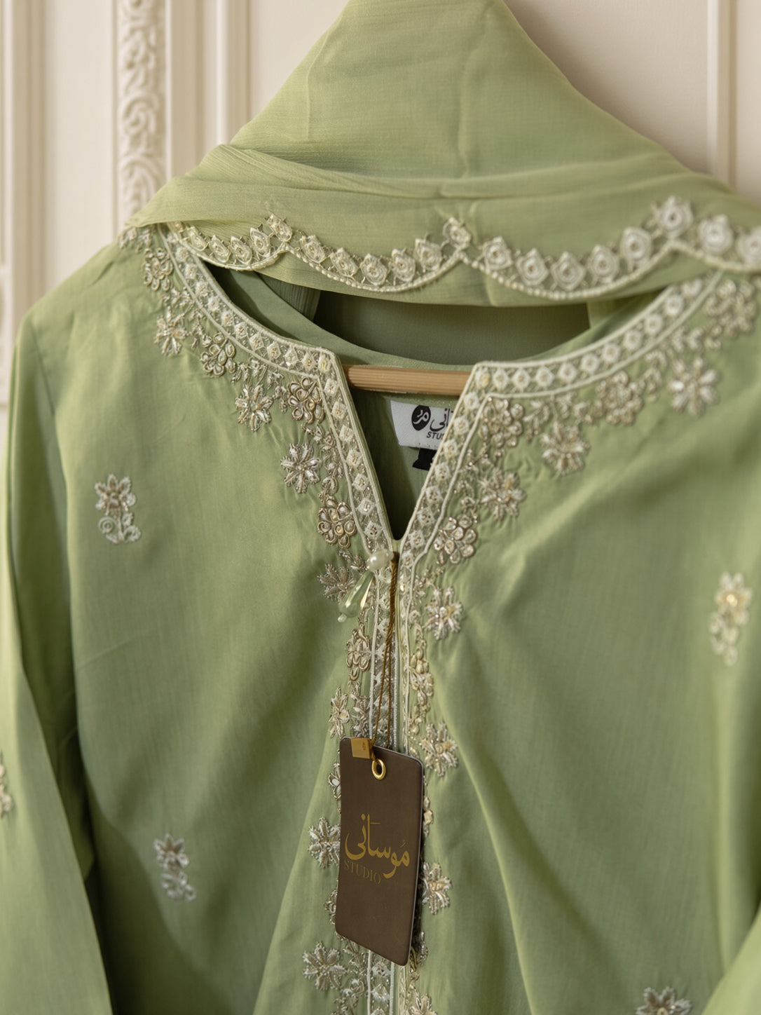 Zariya Soft Olive viscose embroidered 3-piece stitched suit by Moosani Studio