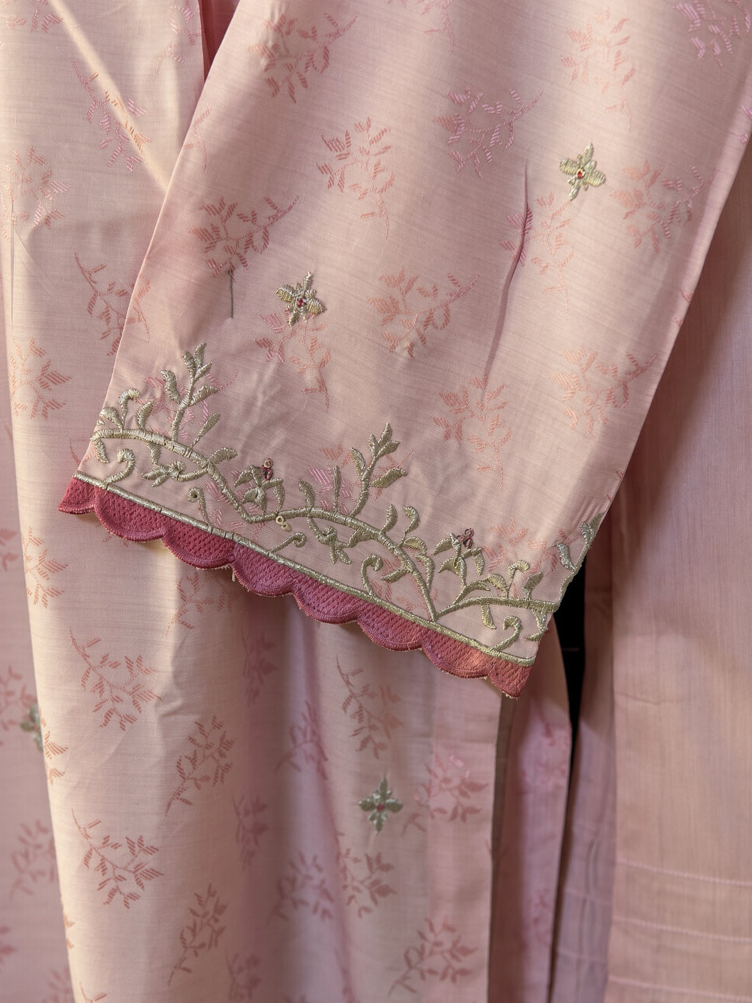 Élan Blush Pink embroidered 3-piece viscose jacquard suit by Moosani Studio