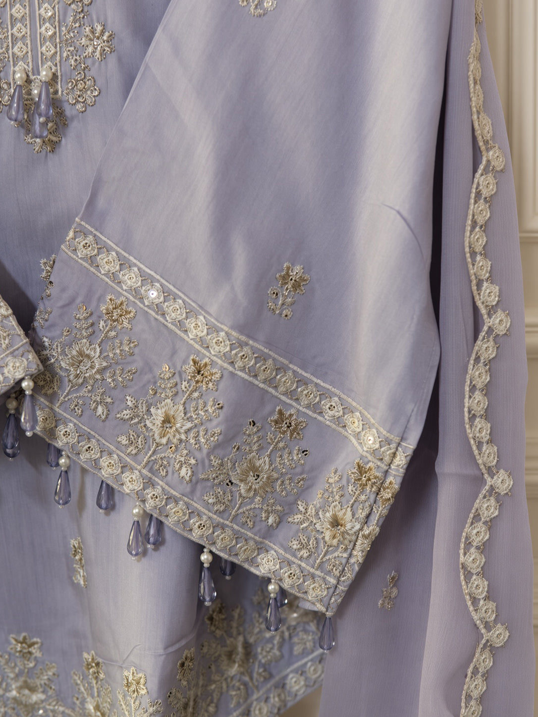 Zariya Lavender Mist viscose embroidered 3-piece stitched suit by Moosani Studio
