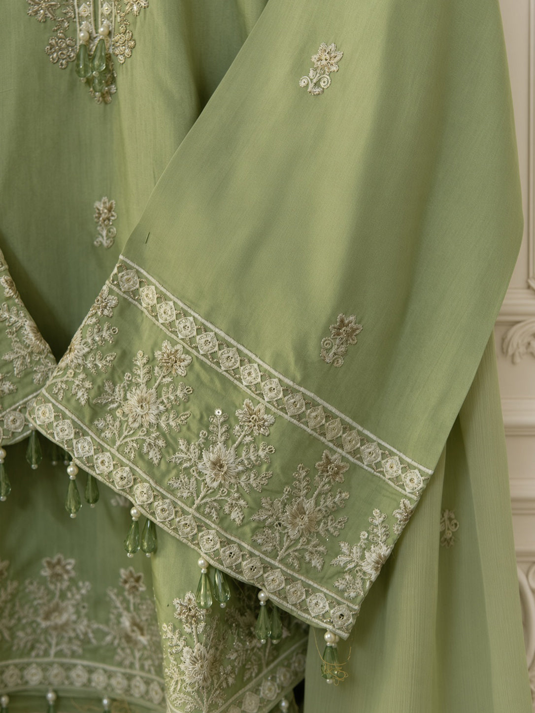 Zariya Soft Olive viscose embroidered 3-piece stitched suit by Moosani Studio