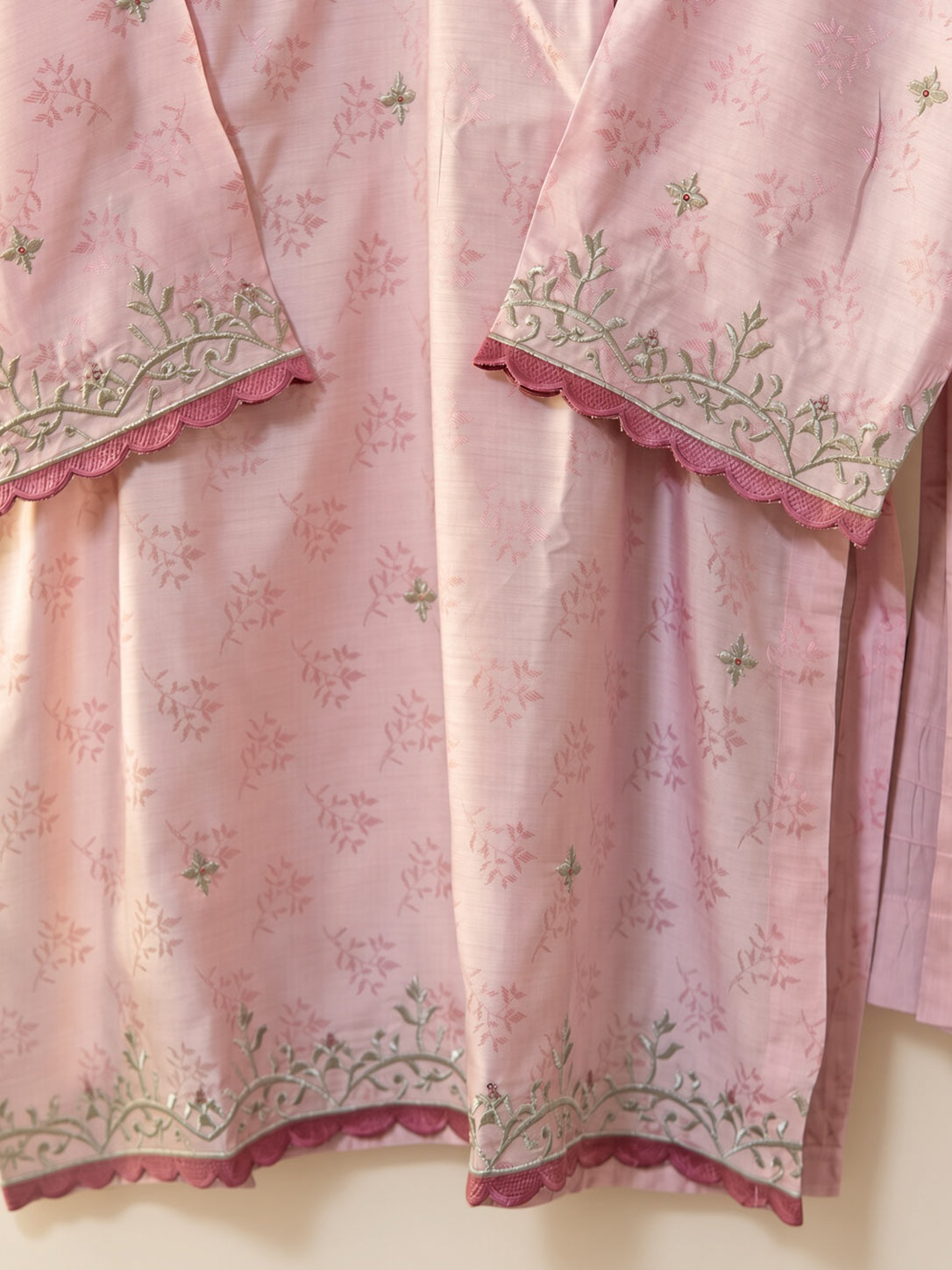 Élan Blush Pink embroidered 3-piece viscose jacquard suit by Moosani Studio