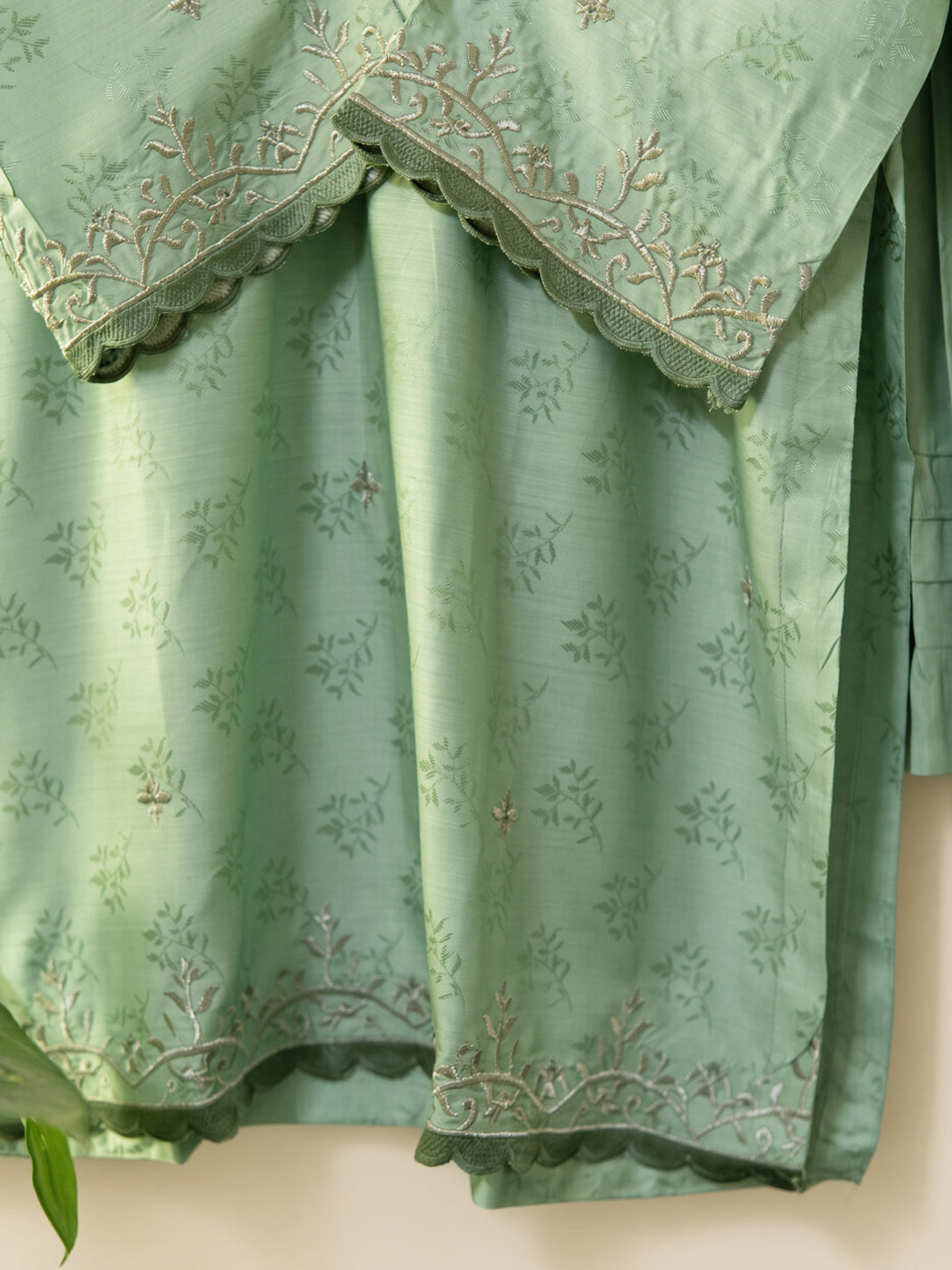 Élan Soft Sage Green embroidered 3-piece viscose jacquard suit by Moosani Studio