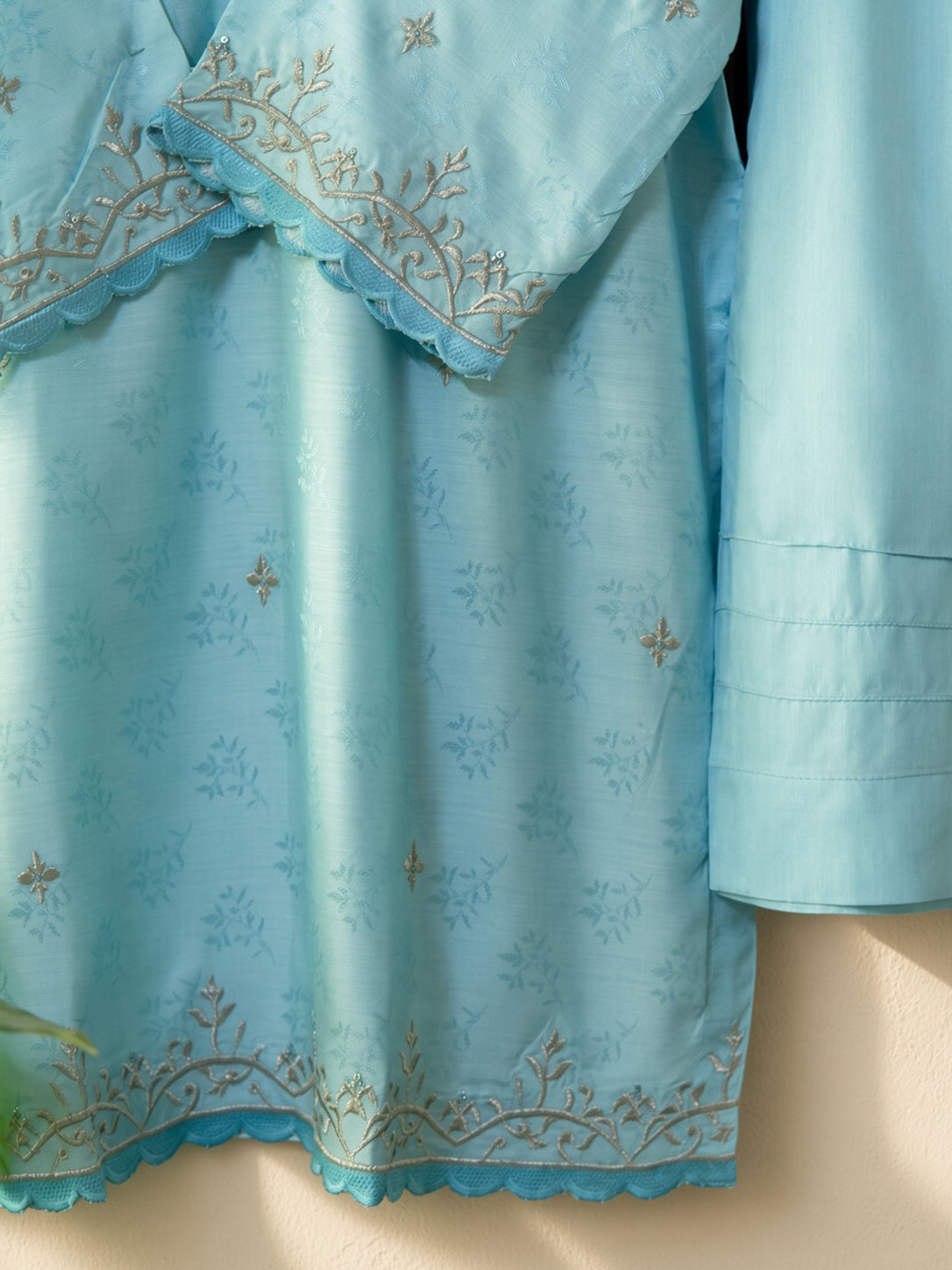 Élan Sky Blue embroidered 3-piece viscose jacquard suit by Moosani Studio