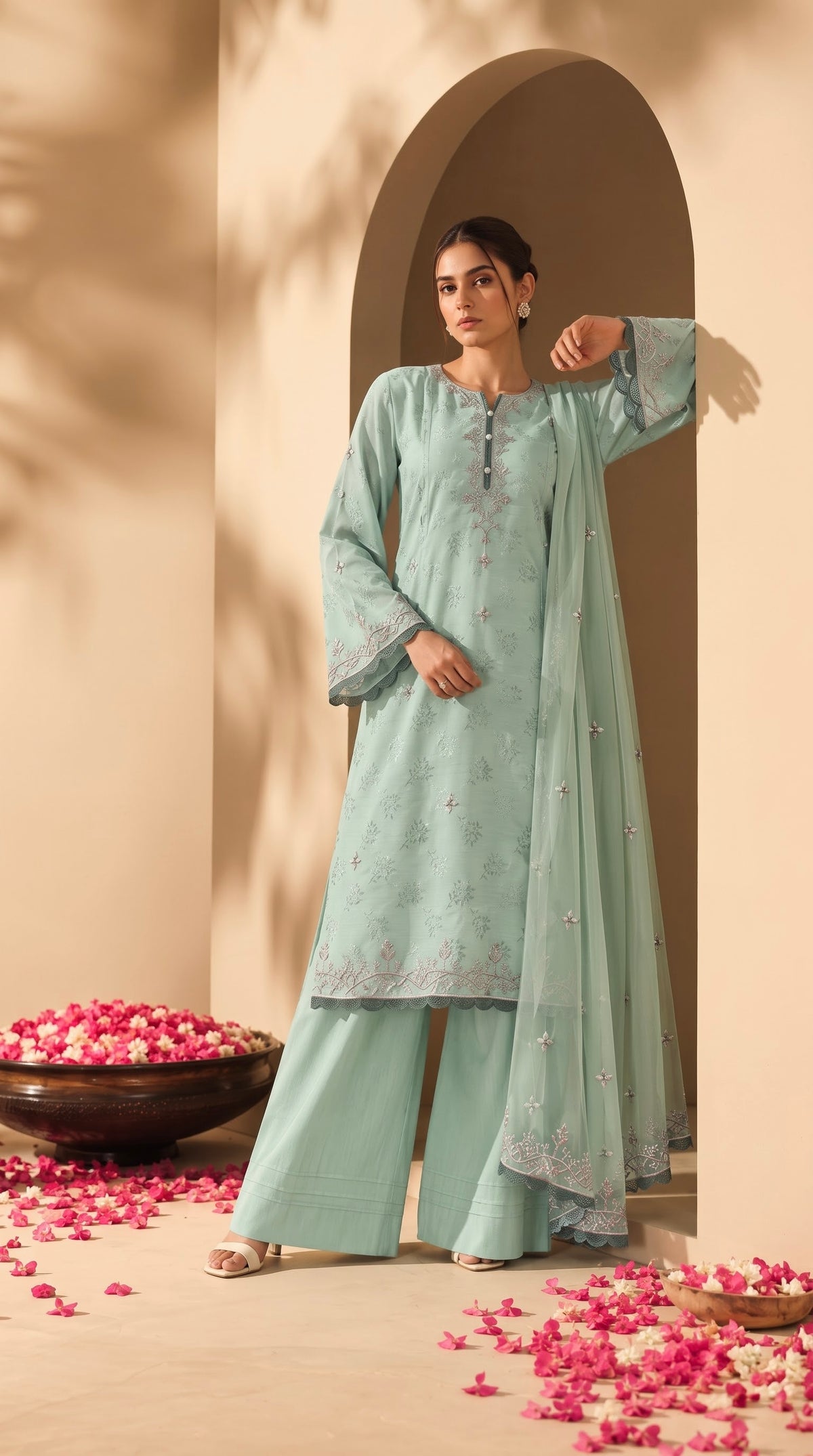 Élan Soft Sage Green embroidered 3-piece viscose jacquard suit by Moosani Studio
