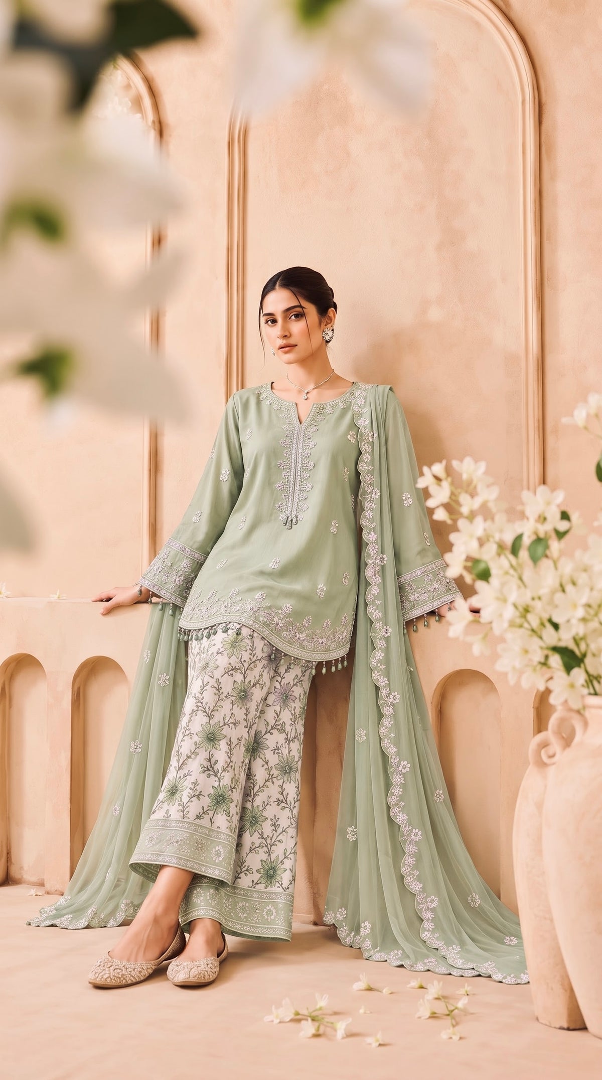 Zariya | 3-Piece-Suit Viscose Embroidery Collection | Soft Olive