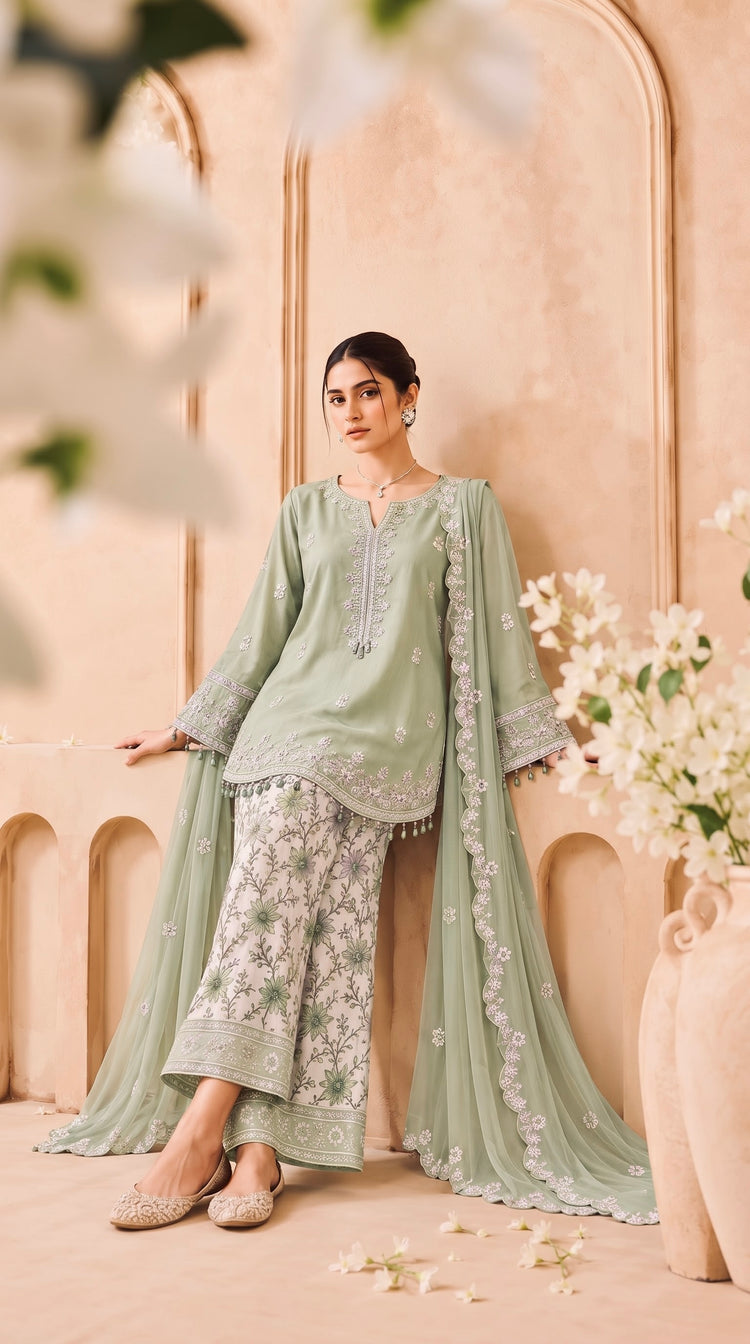 Zariya | 3-Piece-Suit Viscose Embroidery Collection | Soft Olive