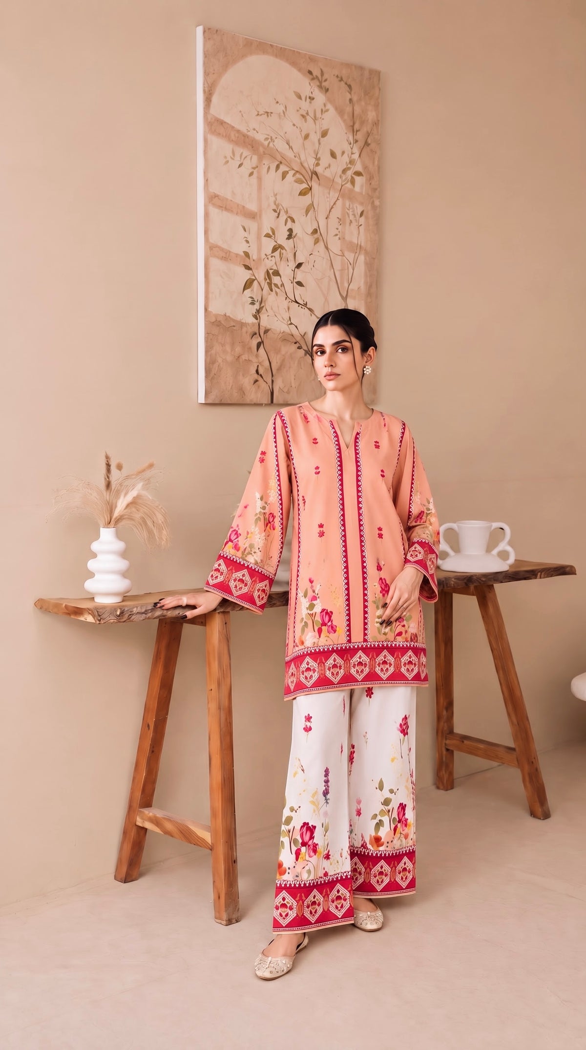 Swiss Lawn 2-Piece-Co-Ord Set | Peach Flower