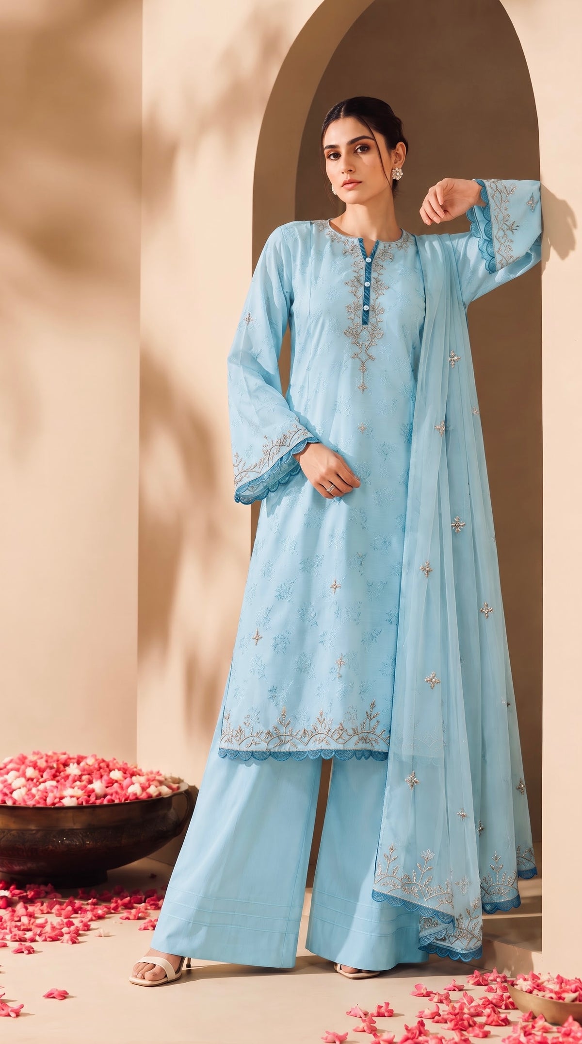 Élan Sky Blue embroidered 3-piece viscose jacquard suit by Moosani Studio