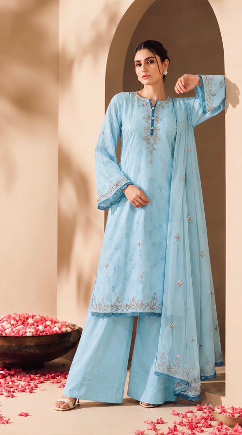 Élan Sky Blue embroidered 3-piece viscose jacquard suit by Moosani Studio