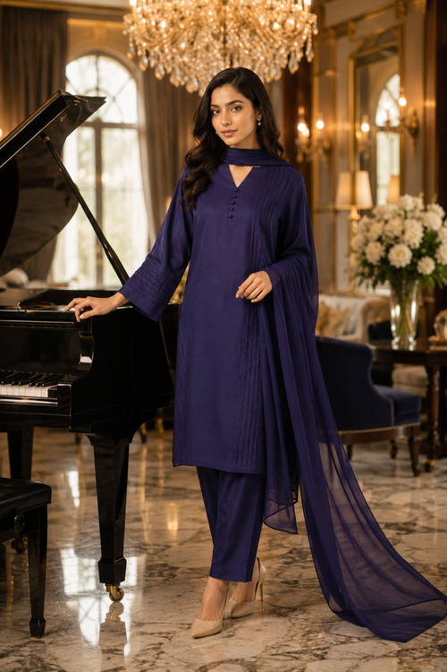 Luxury Raw Silk 3-Piece Suit – Navy Blue