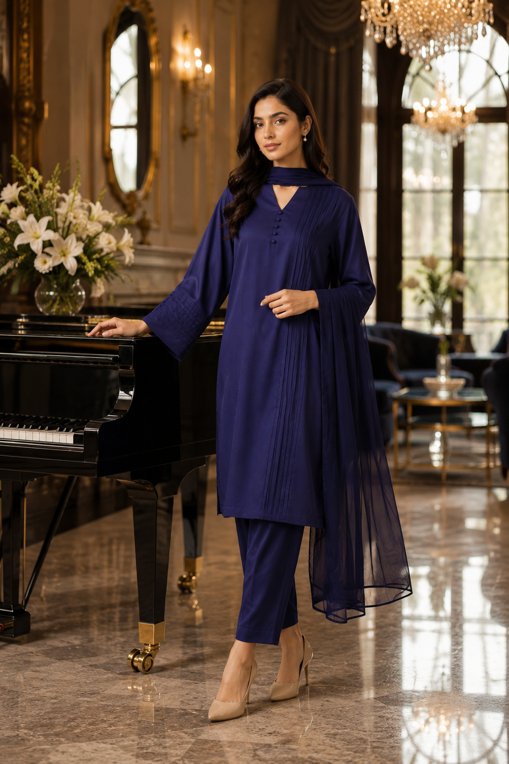 Luxury Raw Silk 3-Piece Suit – Navy Blue